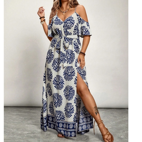 Plus Tropical Leaves Print Cold Shoulder Belted Maxi Dress - Picture 6 of 7
